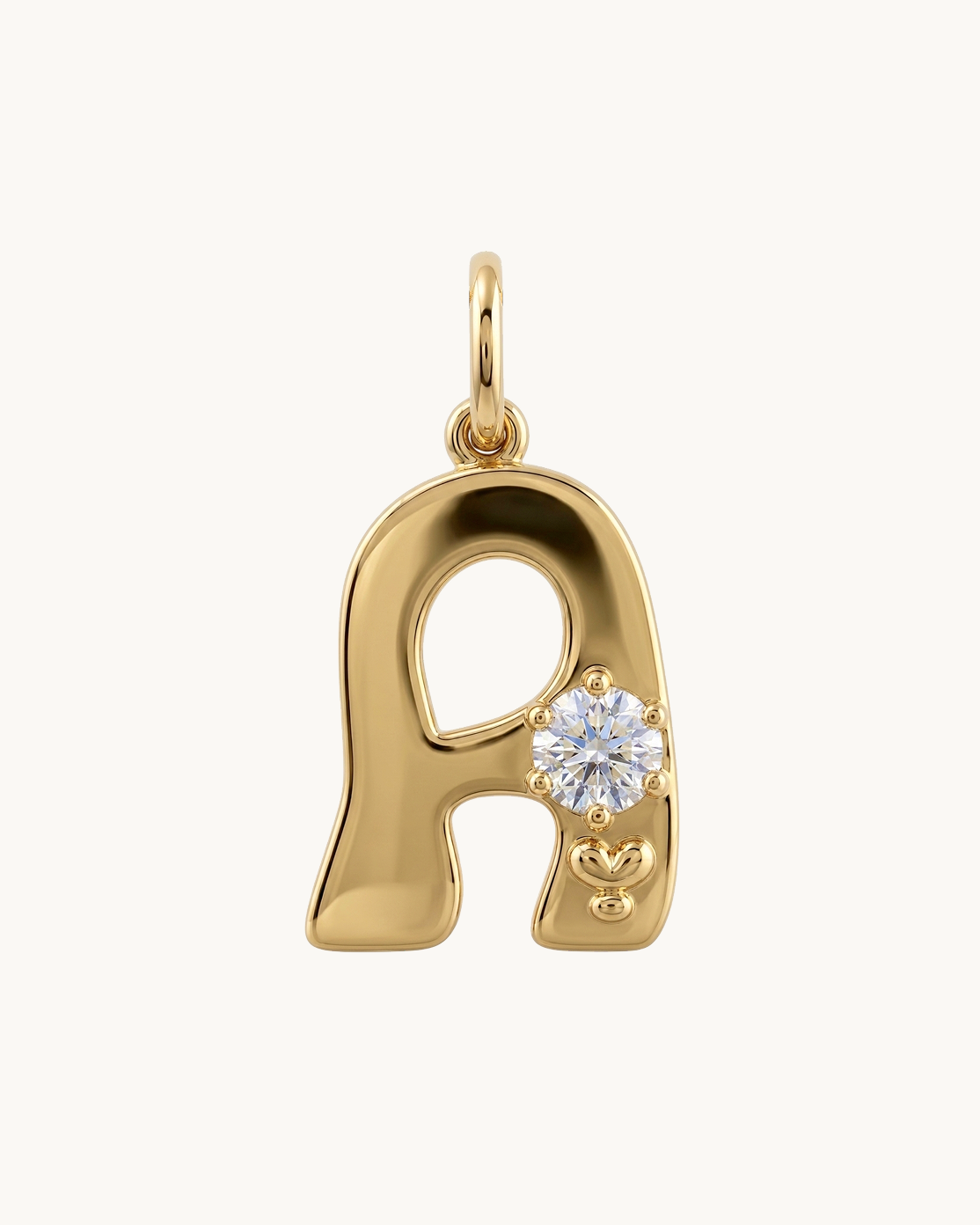 Gold Initial Pendant in the shape of the letter A with a moissanite stone and a small heart detail